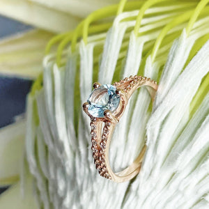 Rose Gold Aquamarine Split Shank Accent Diamond Ring