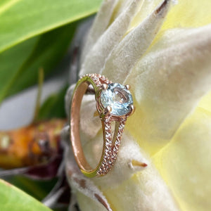 Rose Gold Aquamarine Split Shank Accent Diamond Ring