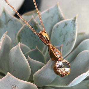 Rose Gold Bezel Set Morganite Pendant with Droplet Diamond Bale Highlight