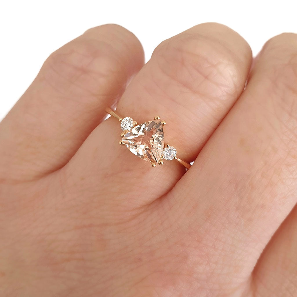 Rose Gold Double Claw Trilliant Cut Morganite With Diamond Shoulder Highlight Ring