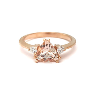 Rose Gold Double Claw Trilliant Cut Morganite With Diamond Shoulder Highlight Ring