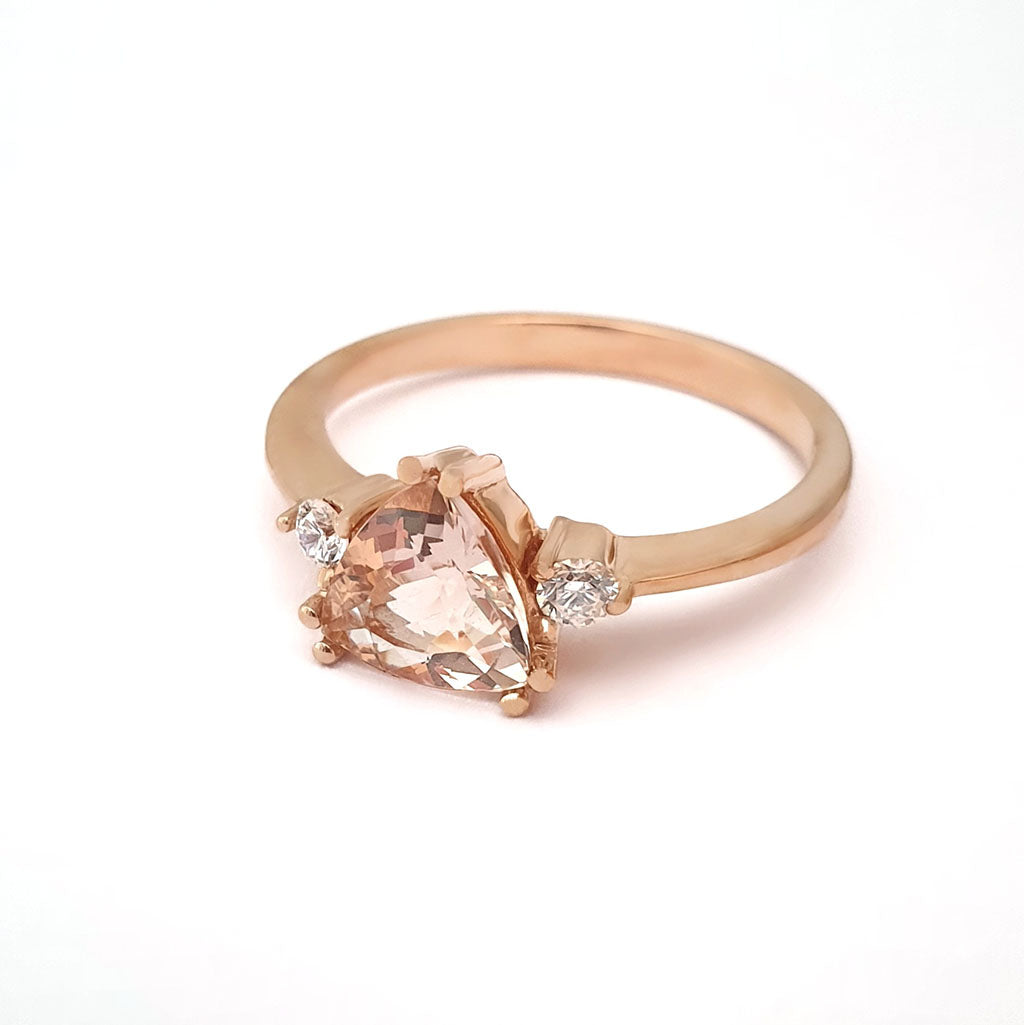 Rose Gold Double Claw Trilliant Cut Morganite With Diamond Shoulder Highlight Ring