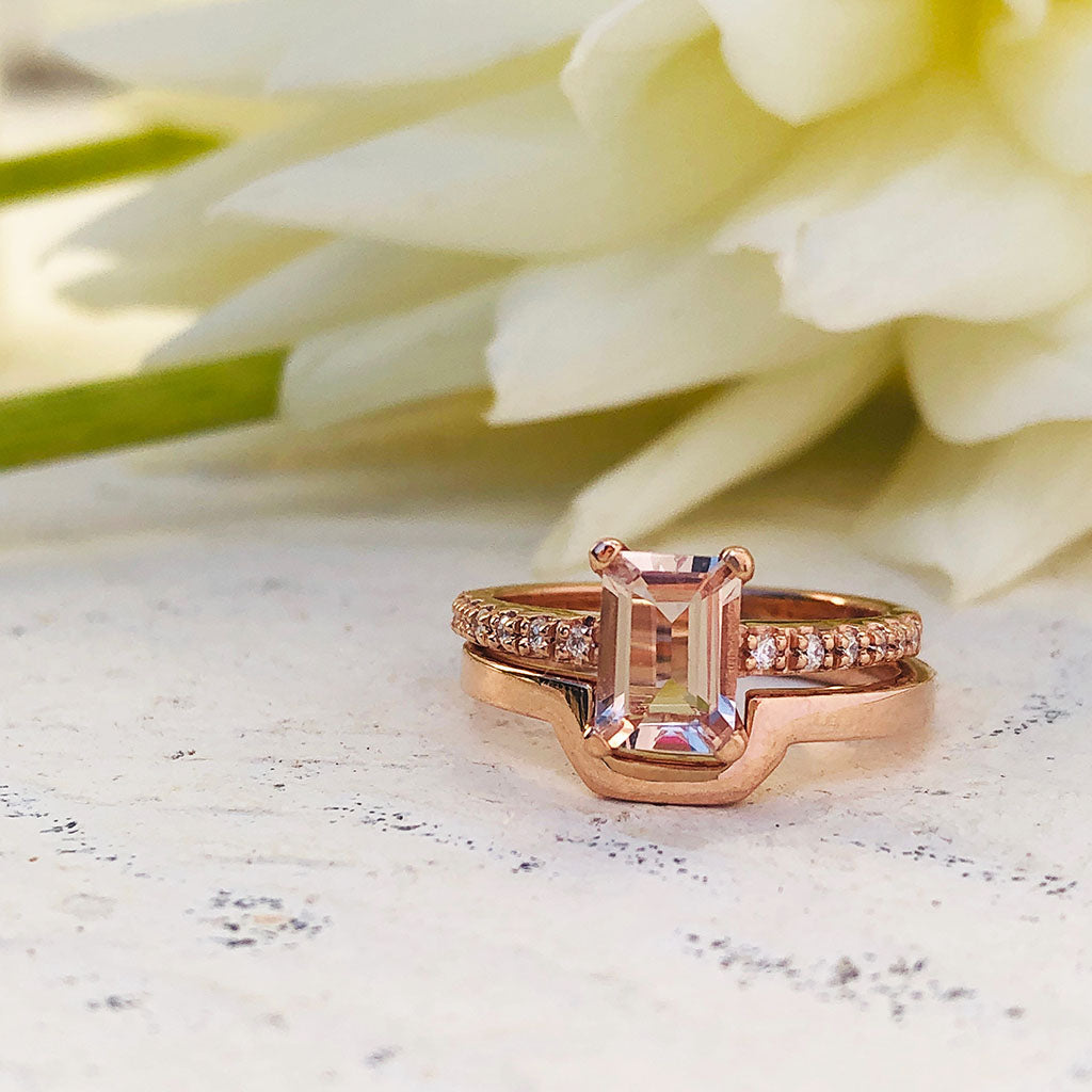 Rose Gold Emerald Cut Morganite and Diamond Wedding Set