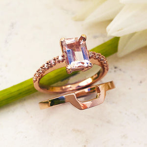Rose Gold Emerald Cut Morganite and Diamond Wedding Set
