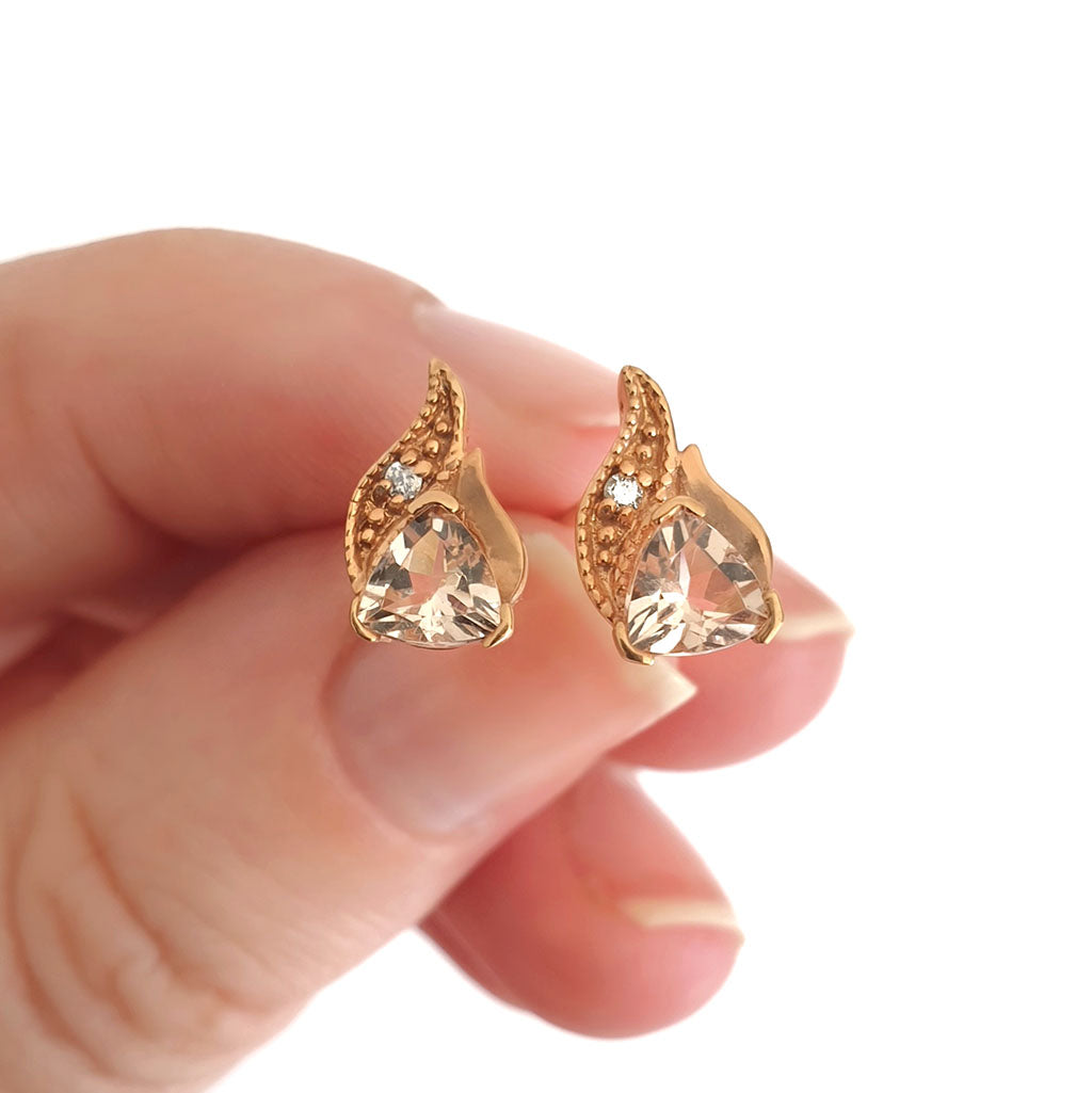 Rose Gold Morganite Trilliant and Diamond Earrings