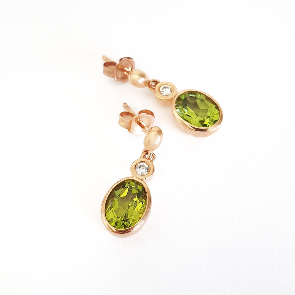   Rose Gold Oval Bezel Set Peridot and Diamond Drop Earrings