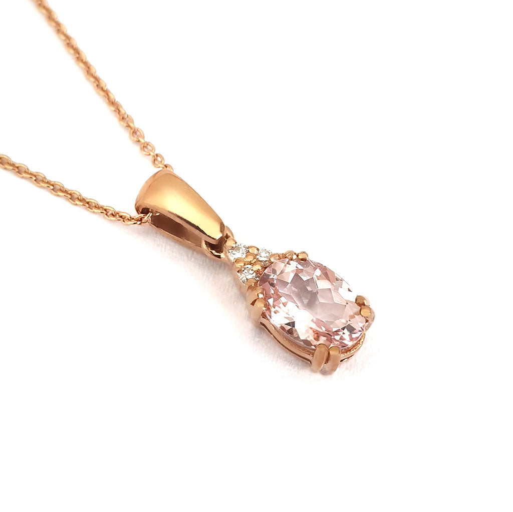 Rose Gold Oval Morganite Pendant with Trilogy Diamond Highlight