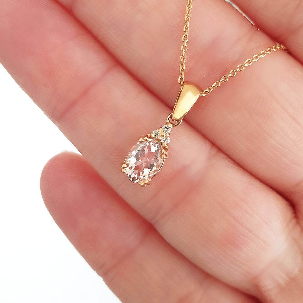 Rose Gold Oval Morganite Pendant with Trilogy Diamond Highlight