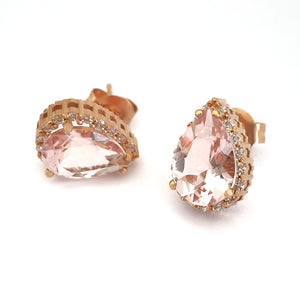  Rose Gold Pear Cut Pink Morganite and Diamond Halo Earrings