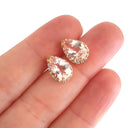  Rose Gold Pear Cut Pink Morganite and Diamond Halo Earrings