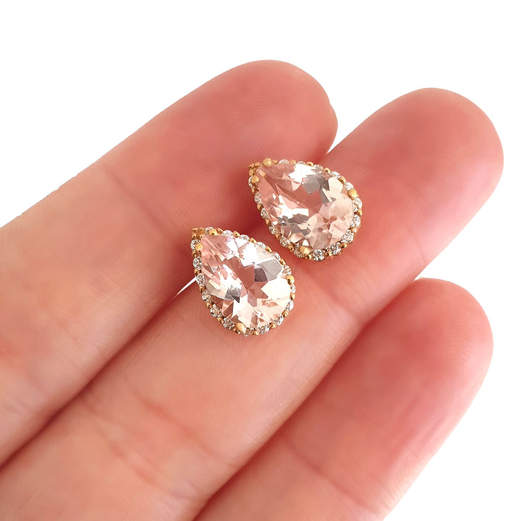  Rose Gold Pear Cut Pink Morganite and Diamond Halo Earrings