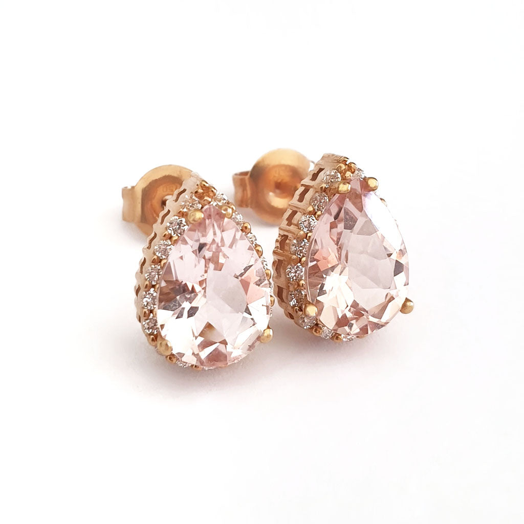  Rose Gold Pear Cut Pink Morganite and Diamond Halo Earrings