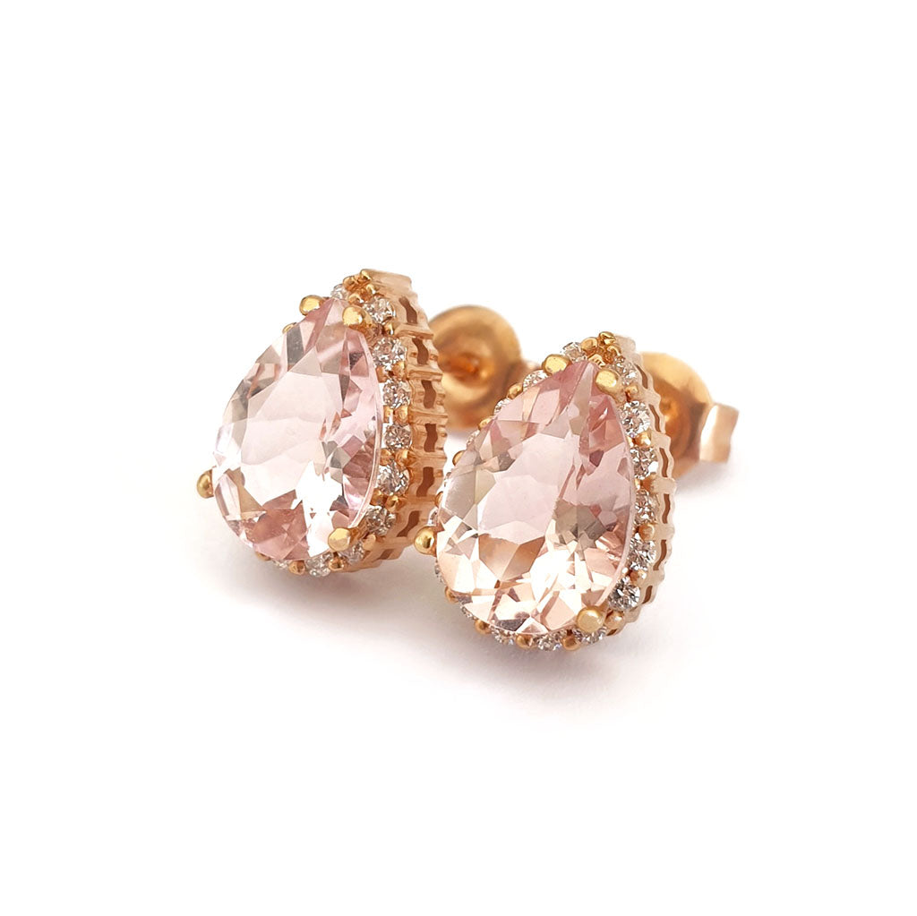 Rose Gold Pear Cut Pink Morganite and Diamond Halo Earrings