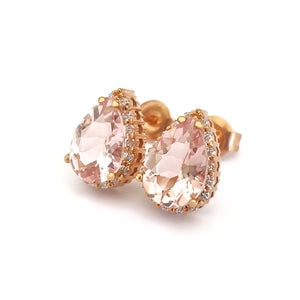  Rose Gold Pear Cut Pink Morganite and Diamond Halo Earrings
