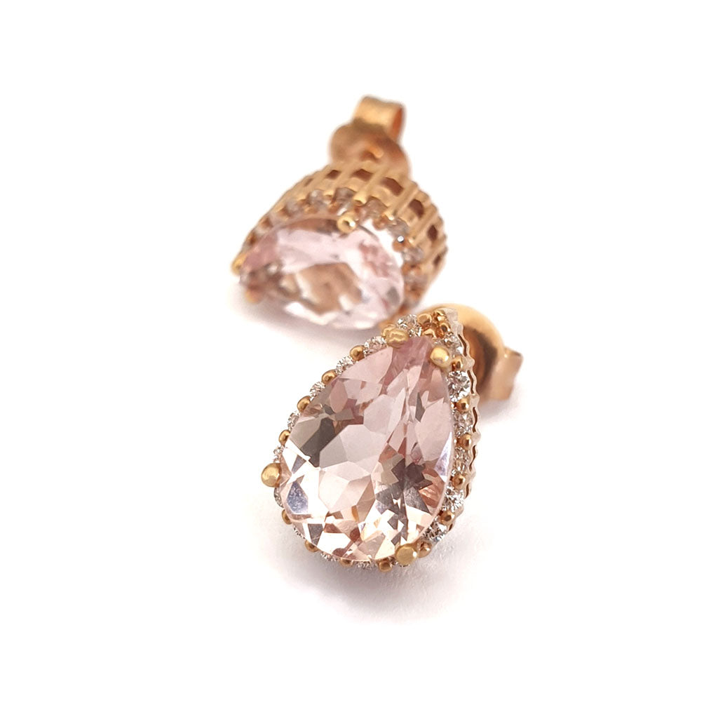  Rose Gold Pear Cut Pink Morganite and Diamond Halo Earrings