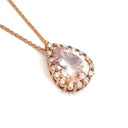  Rose Gold Pear Cut Pink Morganite and Diamond Halo Pendant