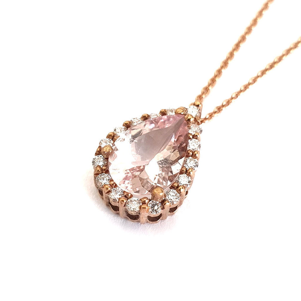  Rose Gold Pear Cut Pink Morganite and Diamond Halo Pendant