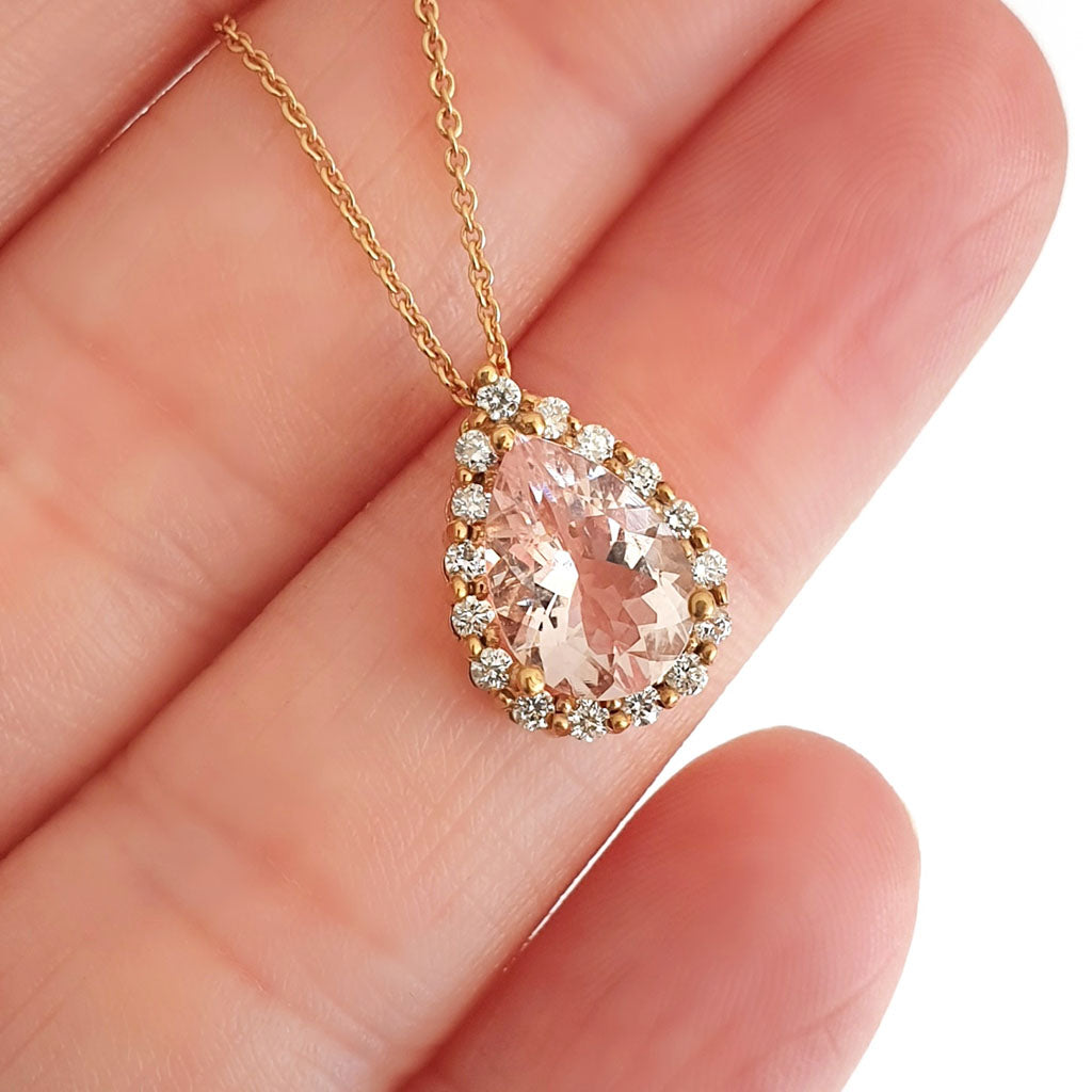  Rose Gold Pear Cut Pink Morganite and Diamond Halo Pendant