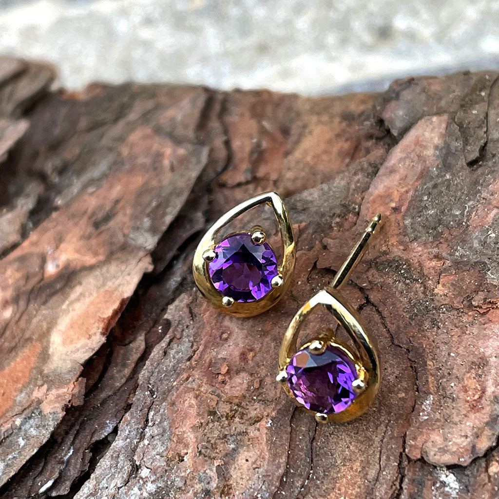 Rose Gold Round Cut Amethyst Gold Droplet Studs