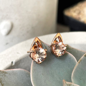 Rose Gold Round Cut Morganite Gold Droplet Studs