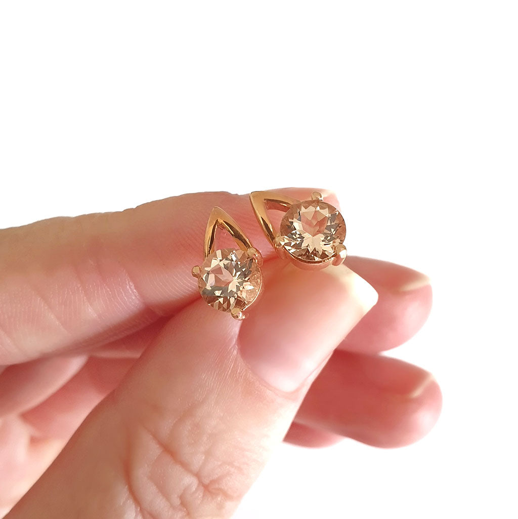 Rose Gold Round Cut Morganite Gold Droplet Studs