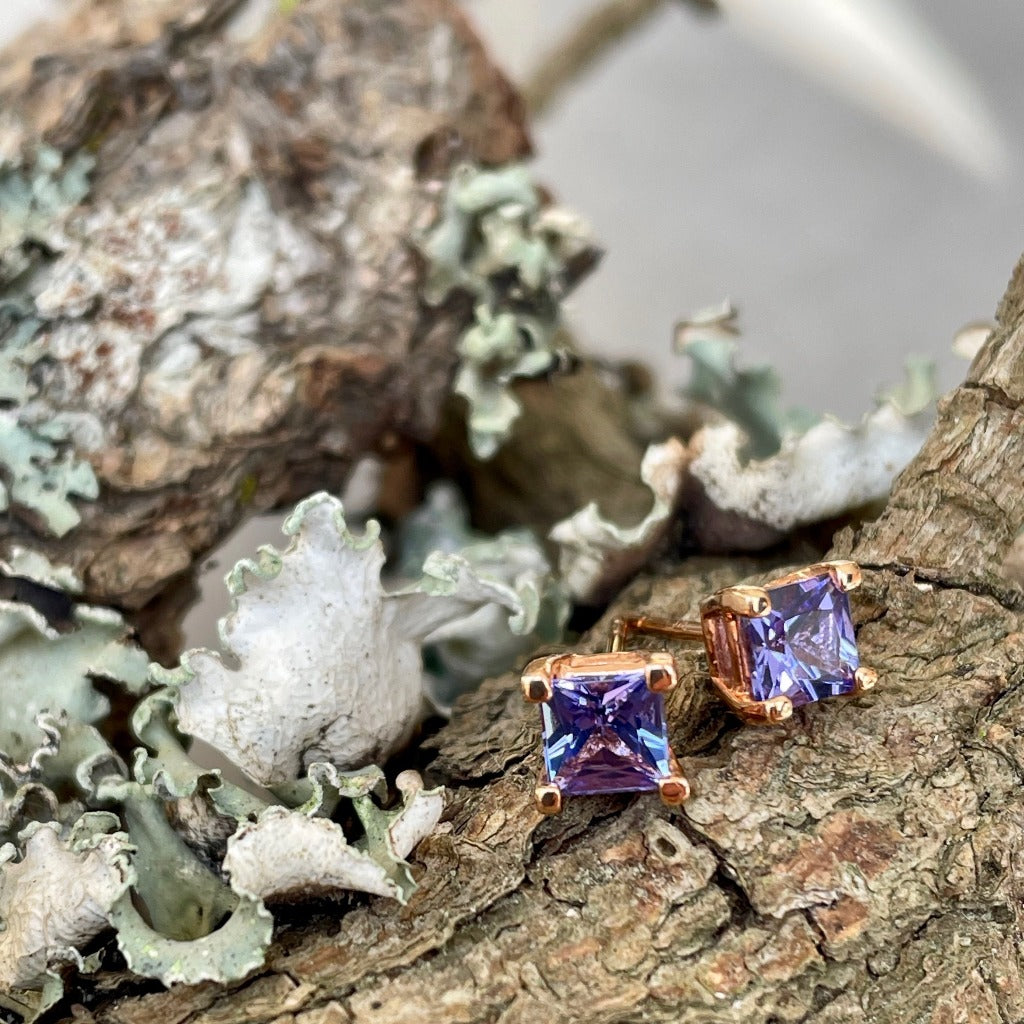 Rose Gold Square Cut Tanzanite Studs