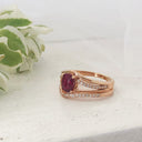 Three Band Split Shoulder Oval Ruby and Diamond Wedding Set