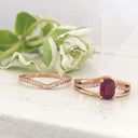 Three Band Split Shoulder Oval Ruby and Diamond Wedding Set
