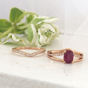 Three Band Split Shoulder Oval Ruby and Diamond Wedding Set