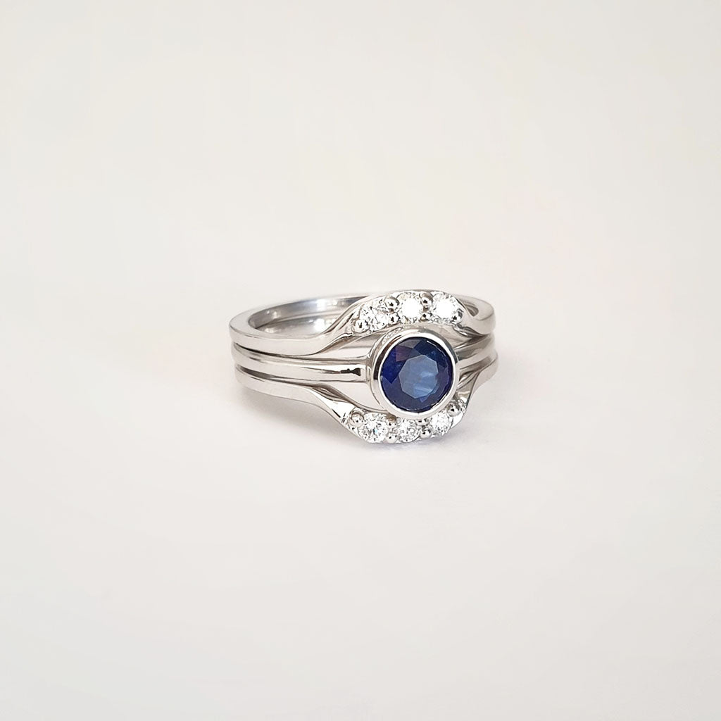 Round Bezel Set Blue Sapphire with 2 x Diamond Band Accent Wedding Set