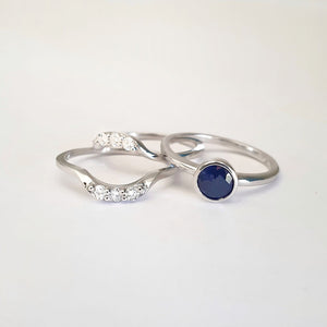 Round Bezel Set Blue Sapphire with 2 x Diamond Band Accent Wedding Set