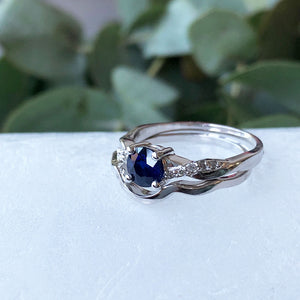 Round Blue Sapphire and Diamond Braided Shoulder Wedding Set