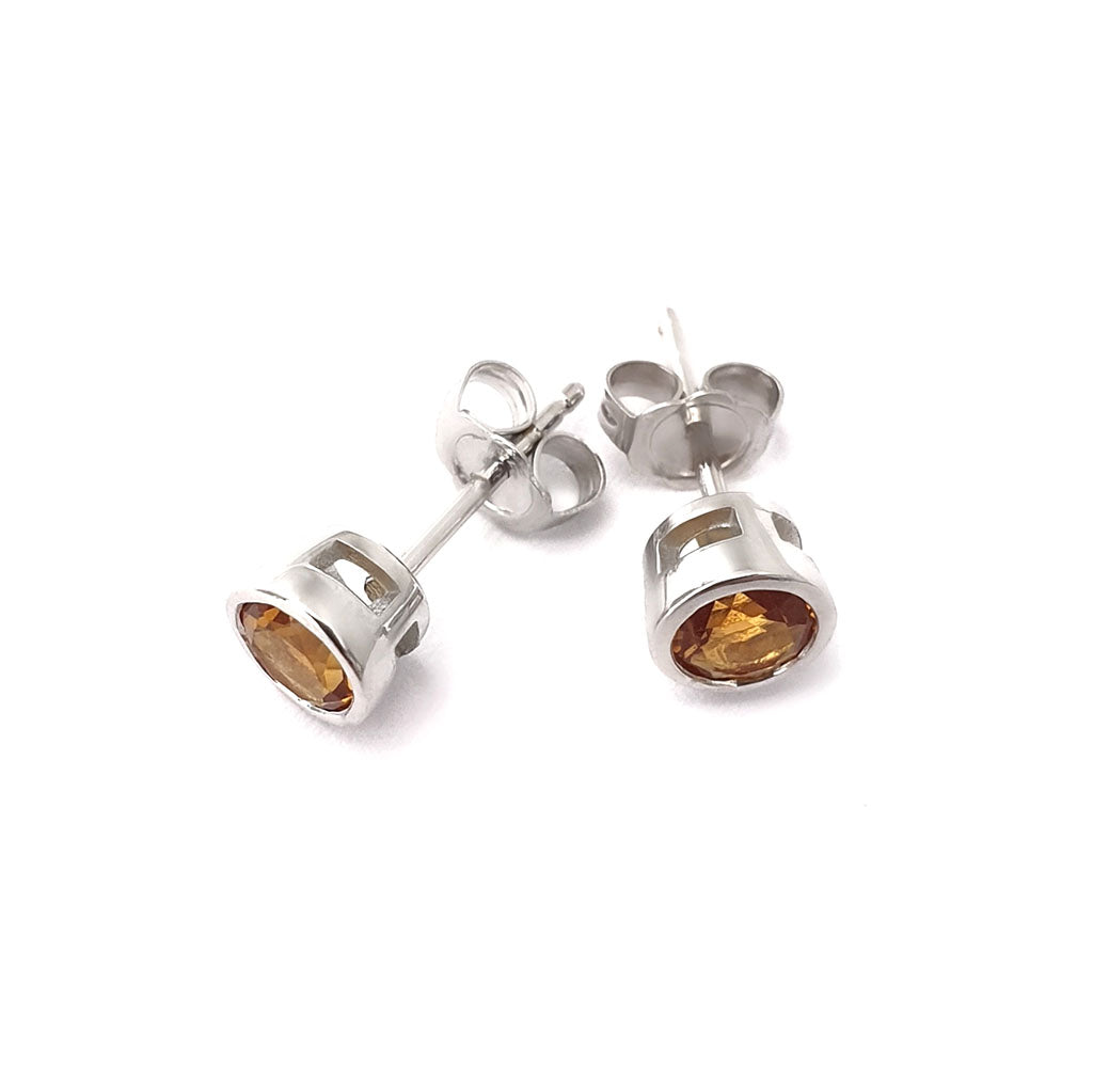 Round Citrine Bezel Set White Gold Studs