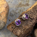 Round Cut Bezel Set Amethyst White Gold Studs