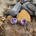 Round Cut Bezel Set Amethyst White Gold Studs