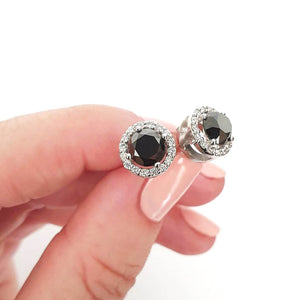 Round Cut Black Diamond Studs with White Diamond Halo