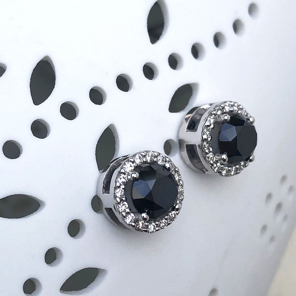 Round Cut Black Diamond Studs with White Diamond Halo