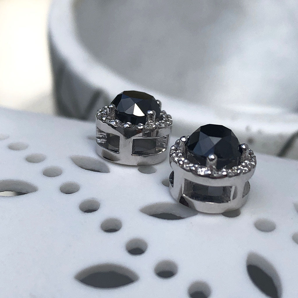 Round Cut Black Diamond Studs with White Diamond Halo