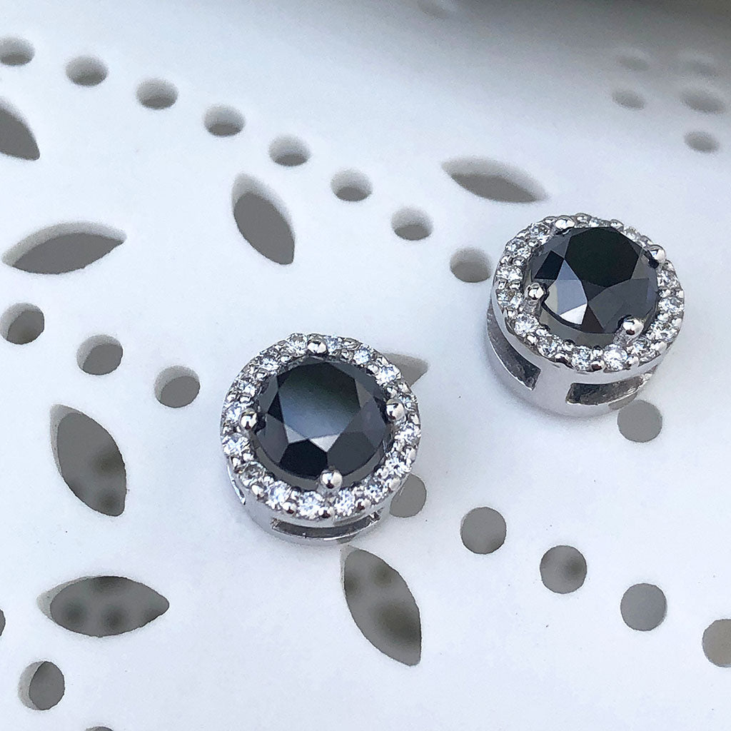 Round Cut Black Diamond Studs with White Diamond Halo