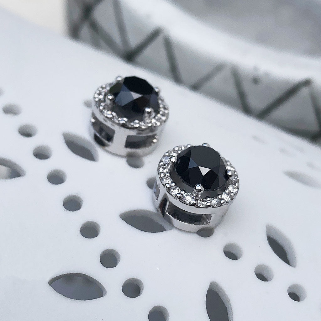 Round Cut Black Diamond Studs with White Diamond Halo
