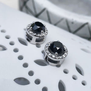 Round Cut Black Diamond Studs with White Diamond Halo
