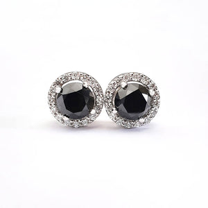 Round Cut Black Diamond Studs with White Diamond Halo