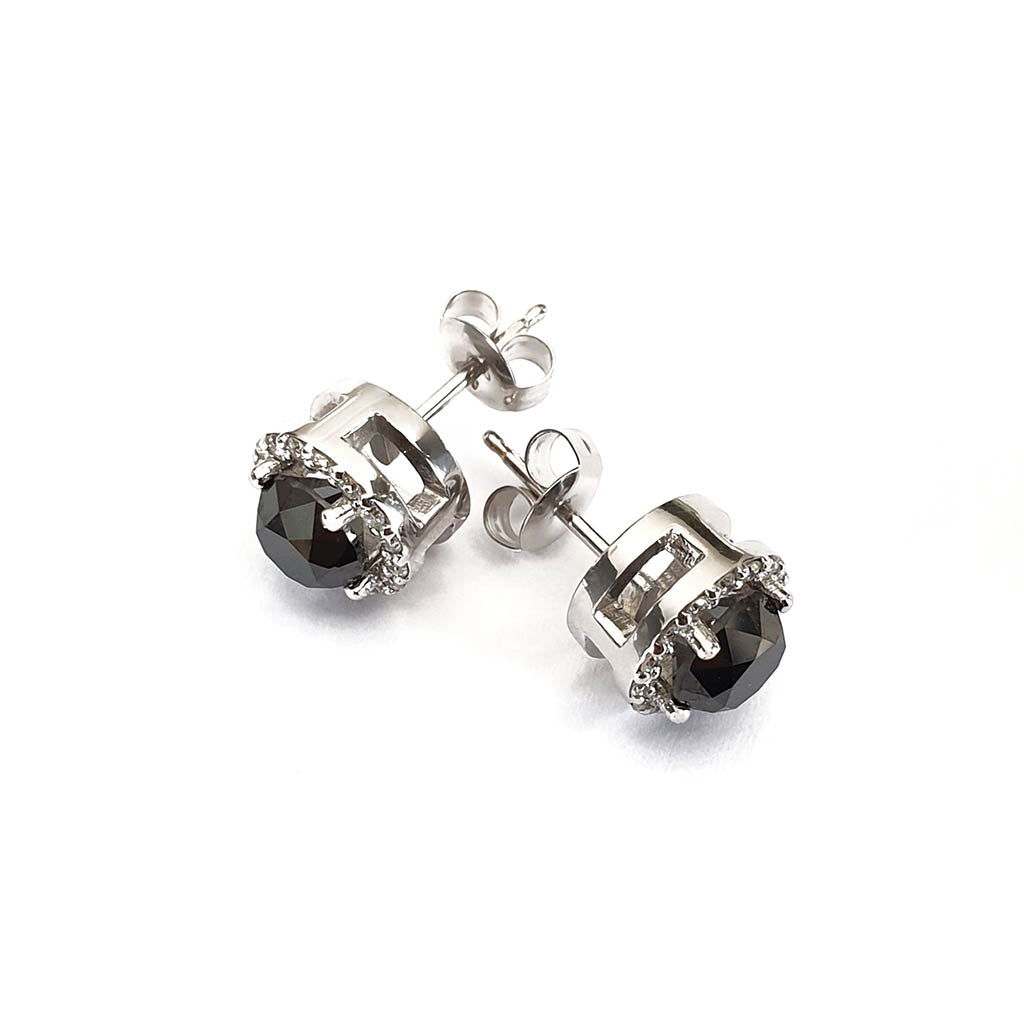 Round Cut Black Diamond Studs with White Diamond Halo