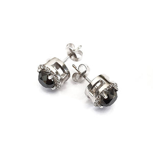 Round Cut Black Diamond Studs with White Diamond Halo