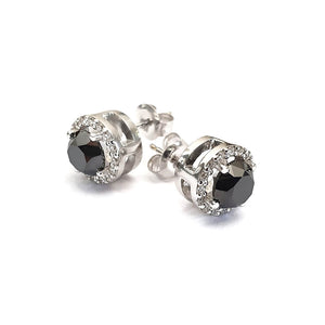 Round Cut Black Diamond Studs with White Diamond Halo