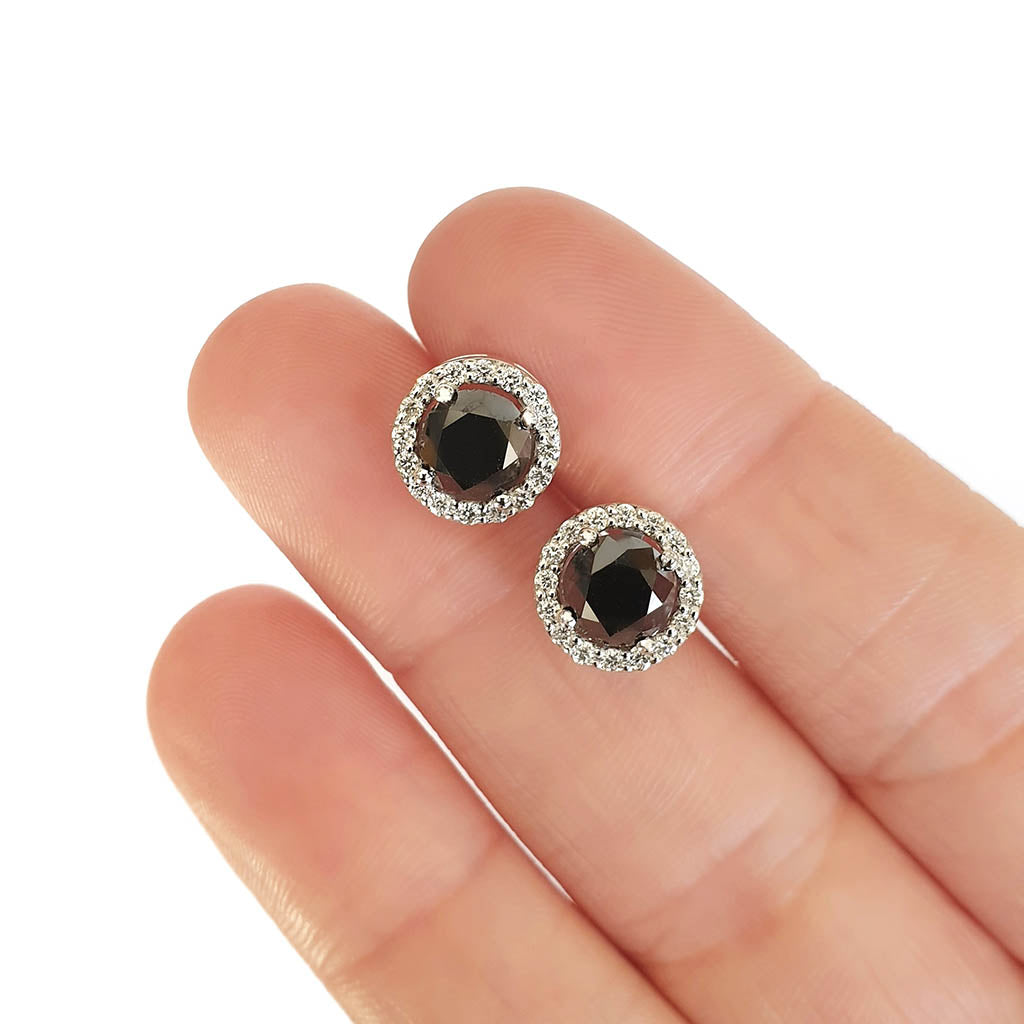 Round Cut Black Diamond Studs with White Diamond Halo