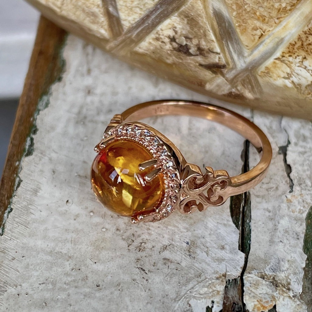Round Cut Cabochon Citrine and Diamond Rose Gold Ring