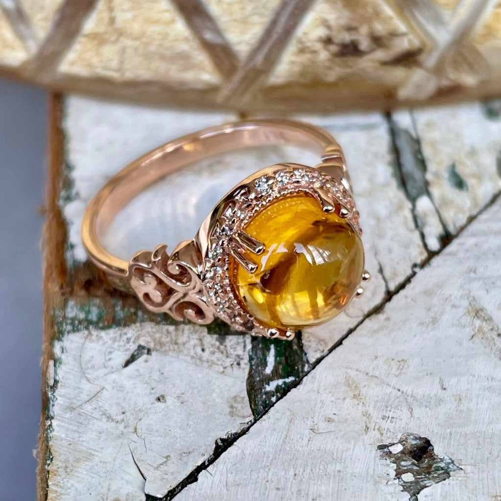 Round Cut Cabochon Citrine and Diamond Rose Gold Ring