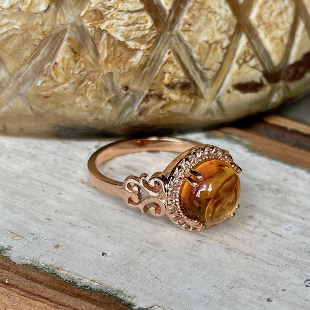 Round Cut Cabochon Citrine and Diamond Rose Gold Ring Afrogem Jewellers
