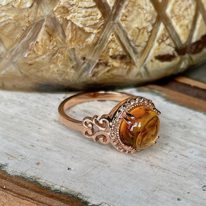 Round Cut Cabochon Citrine and Diamond Rose Gold Ring